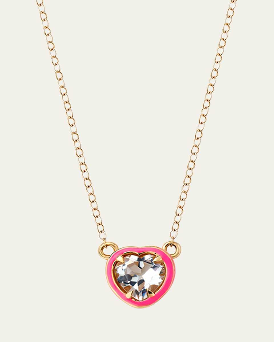 Heart Cocktail Necklace with White Topaz and Pink Enamel in 14K Yellow Gold
